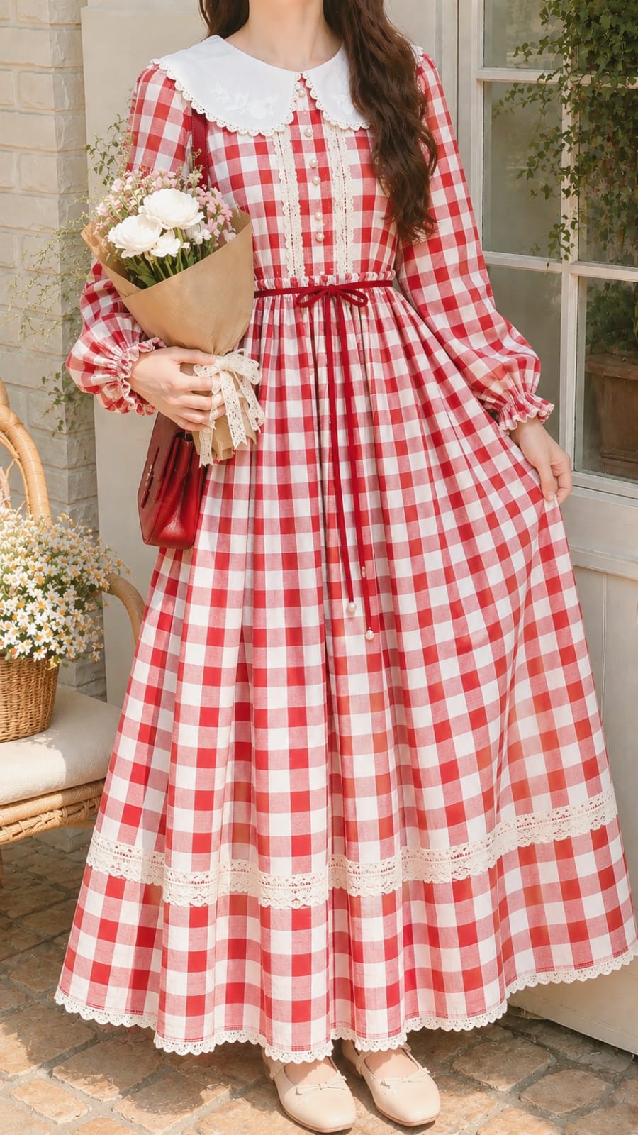 Red Gingham Peter Pan Collar Maxi Dress