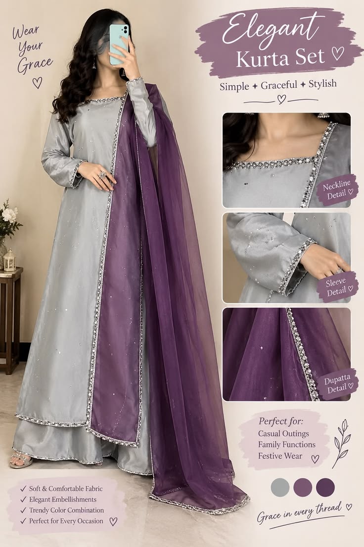 Elegant Silver Grey & Plum Purple Kurta Set