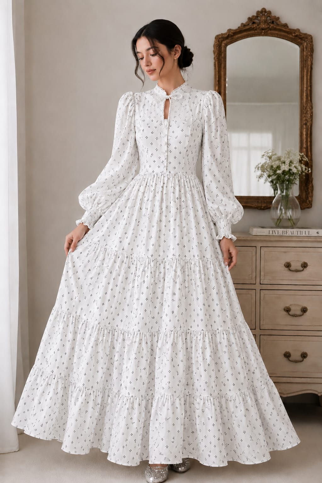 White Vintage Tiered Floral Maxi Dress