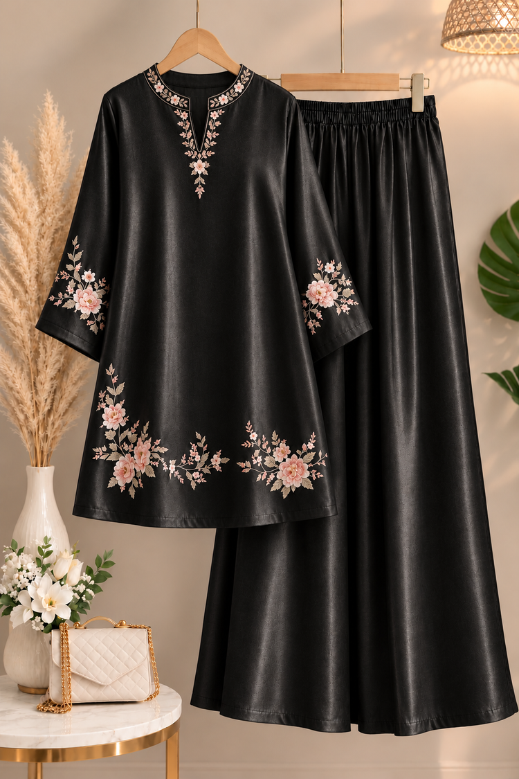Black Floral Embroidered 2-Piece Co-Ord Set – Elegant Satin Jacquard Outfit