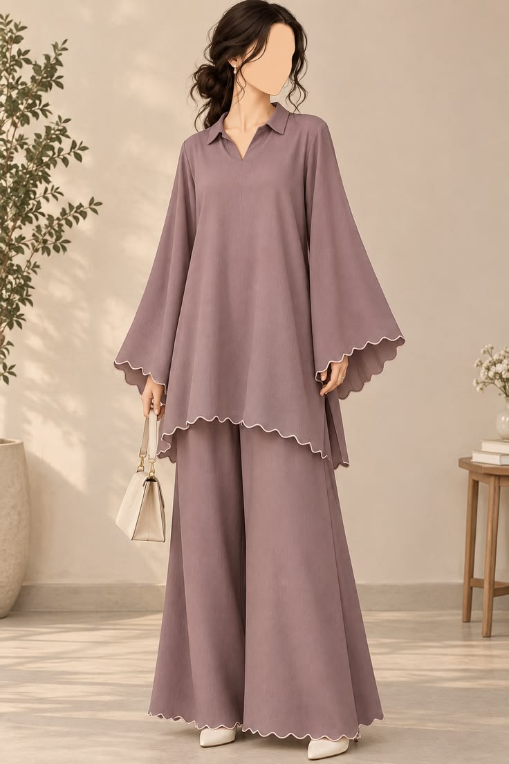 Mauve Elegance Co-Ord Set – Flared Sleeves & Wide-Leg Trousers