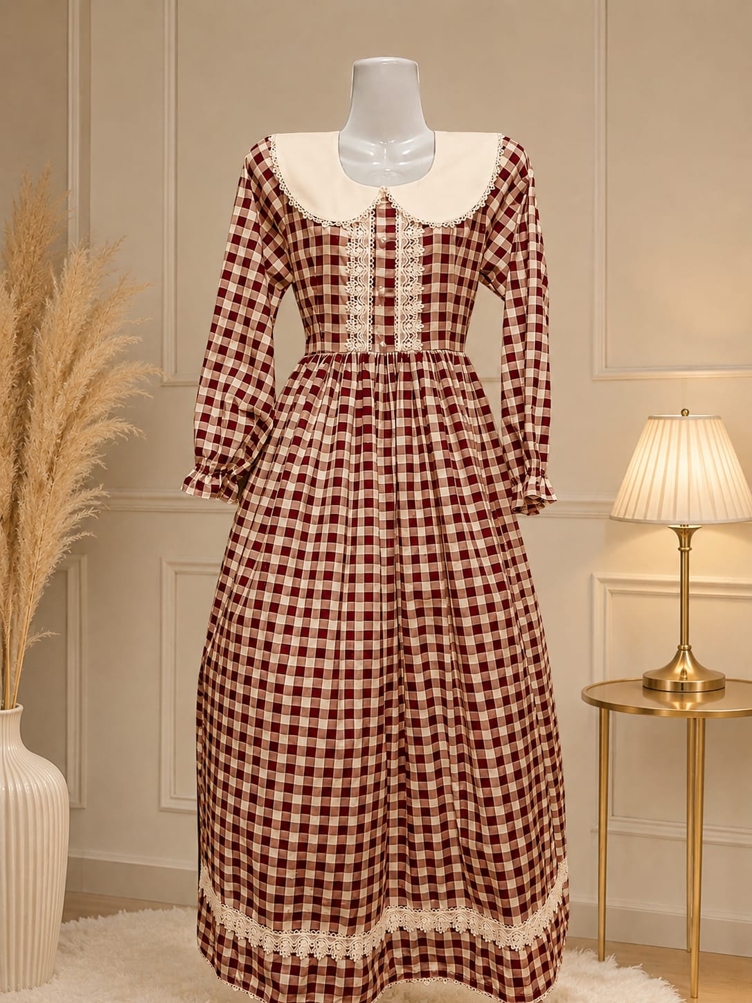 Mehroom ginghum lace dress