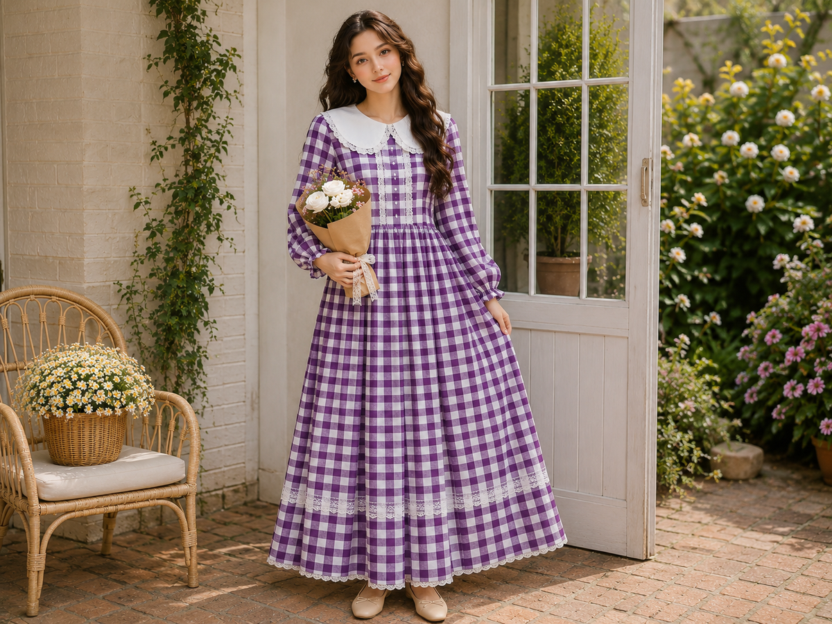 Cheery mehroon and purple ginghum lace dress