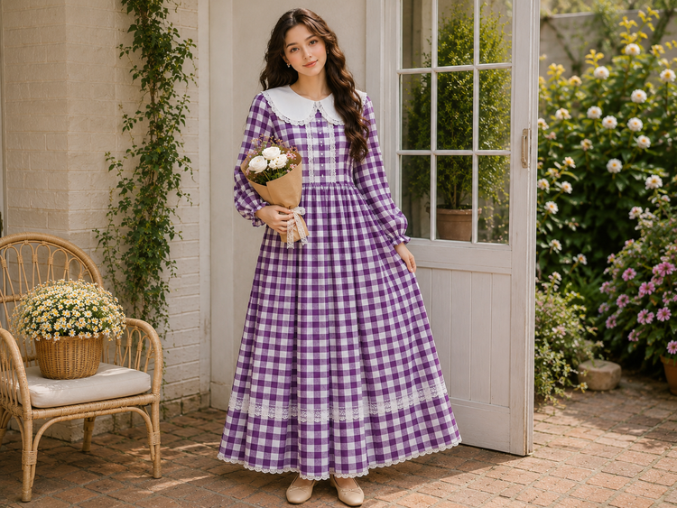Cheery mehroon and purple ginghum lace dress