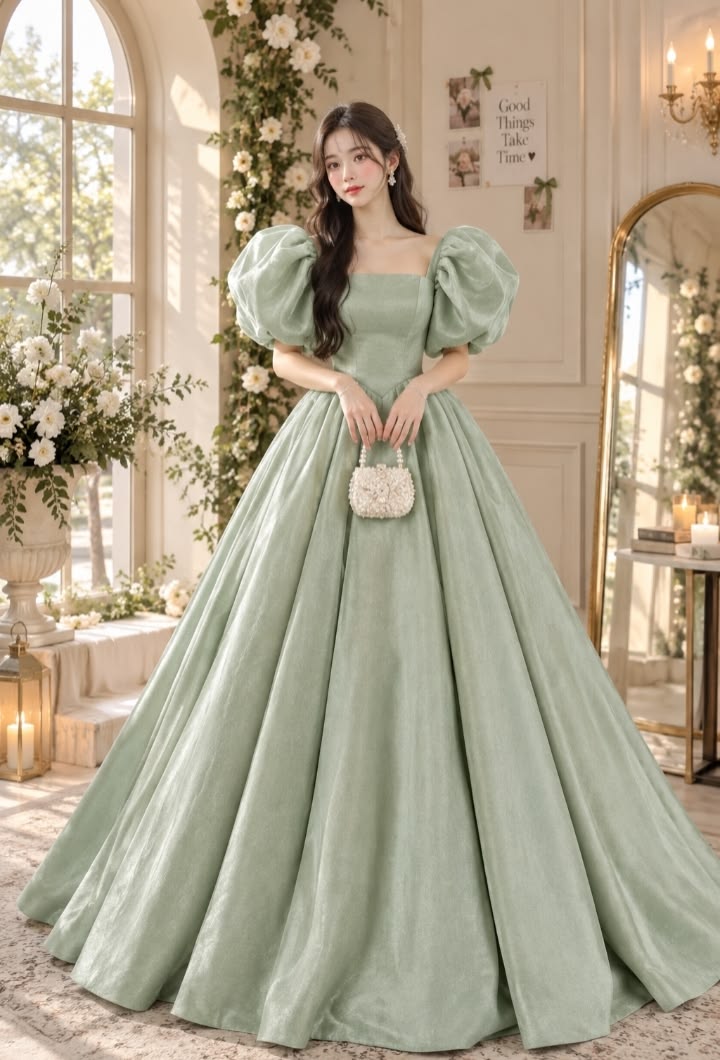 Title: Sage Green Elegance – Puff Sleeve Ball Gown